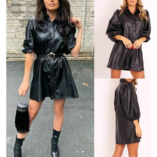 2020 Spring Summer nNew Dress Casual Loose Lapel Button PU Leather Long Sleeved Dress Loose Elegant Temperament Top Clothes