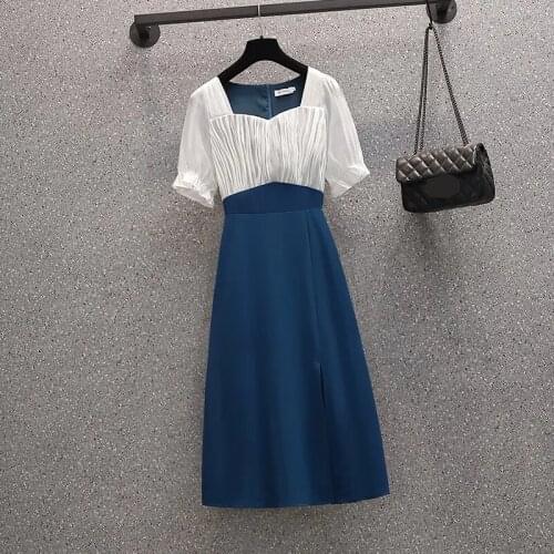 Dress Summer 2021 New celebrity temperament stitching side fork French dress summer dress women vestidos mujer
