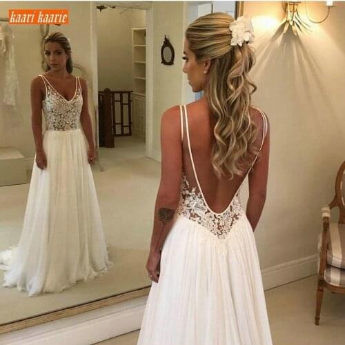 Elegant Boho V Neck Bride Dresses Long 2020 New Chiffon Backless Wedding Gowns Sleeveless Appliques Top Lace Beach Wedding Dress