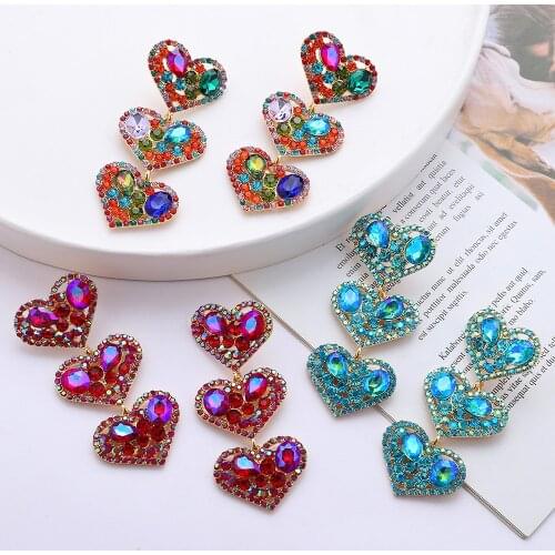 Ztech Shiny Rhinestone Long Big Heart Charms Dangle Earrings for Women Fashion Jewelry Party Statement Earrings Accessories