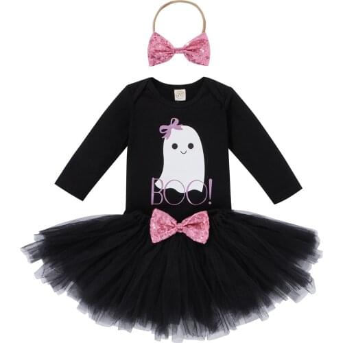 0-24M Newborn Baby Girl Halloween Clothing Long Sleeve Romper Top Lace Solid Skirt Outfit 3Pcs
