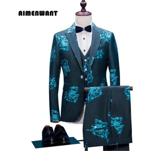 AIMENWANT Mens Clothing Tailored Green Flower Suit Single Button Print Prom Blazer Gentle Retro Jacket+Pants+Vest Suits Set
