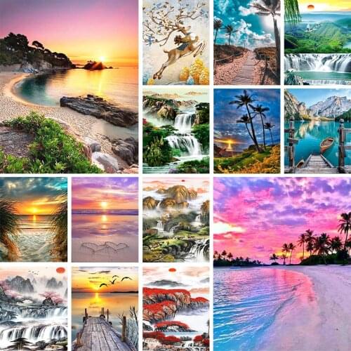 5D DIY Diamond Painting Seaside Scenery Sunset Rhinestone Picture Full Diamond Embroidery Mosaic Handmade Home Decoration Gift
