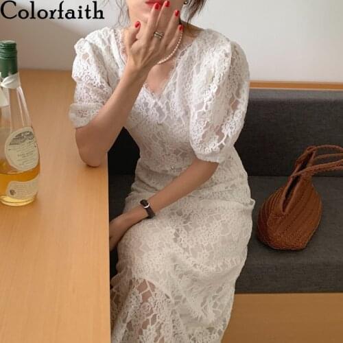 Colorfaith New 2021 Women Summer Dresses High Waist V-Neck Minimalist Korean Lace Sexy Elegant Vintage Lady Long Dresses DR642