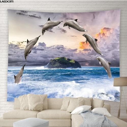 Dolphins Tapestry Ocean Animals Waves Natural Scenery Wall Hanging Sandy Beach Camping Sleeping Pad Home Decor Bedspread Sheet