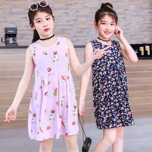 Girls' Summer Vest Dress Girl Cotton Silk Floral Cool Princess Dresses Wide Shoulder Round Neck Beach Flower Floral Sundress