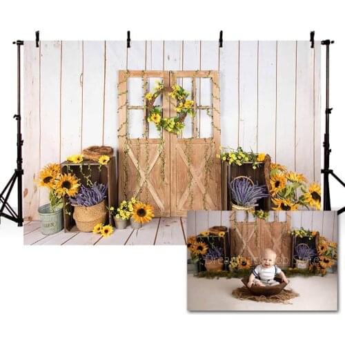 Mehofond Spring Sunflower Baby Shower Backdrop Wood Door Newborn Birthday Party Photography Background Decor Photo Studio Props