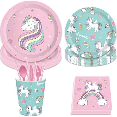 Rainbow Unicorn Dinner Plates Kids Party Decorations Tableware Sets Disposable Napkin Cups Wedding Baby Shower Party Favors