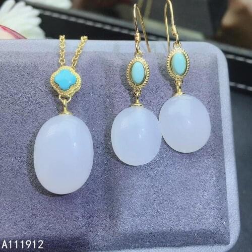 KJJEAXCMY fine jewelry natural white jade 925 sterling silver women pendant necklace earrings set support test popular