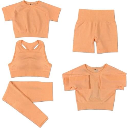 Newest Women 5 Piece Set High Waist Pants+Shorts+T Shirt+Bra Fitness Gym Suits Sports Running Clothes Seamless Crop Tops