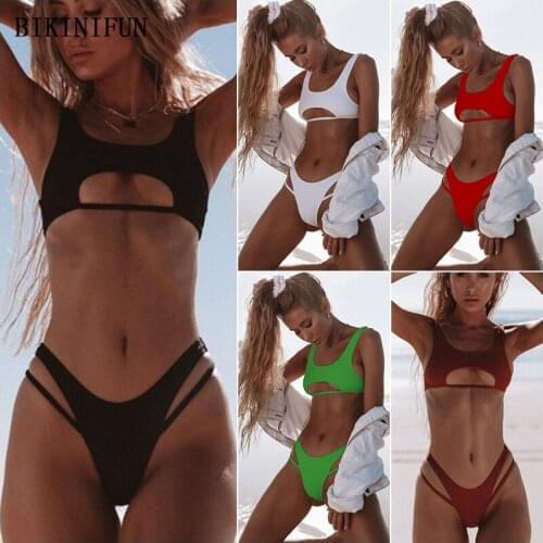 2020 New Front Cutout Beachwear Women Solid Color Swimsuit Scoop Neck Swimwear S-L Backless Bathing Suit Pullover Bikini Set
