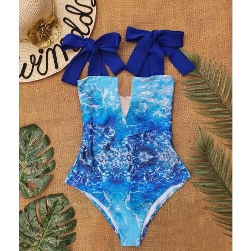 2021 New Blue Gradient Women One Piece Swimsuit Mesh V-neck Swimwear Water Ripples Printed Swiming Suit Slimming Bodysuit