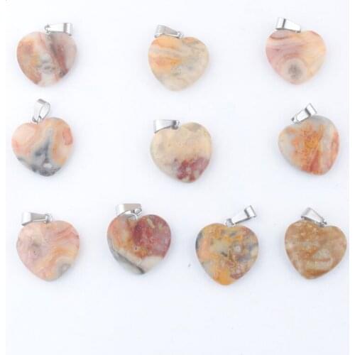 Wholesale 10Pcs Assorted Heart Natural Stone Crazy Agates Pendants For DIY Earrings Necklaces Jewelry Making 20mm TV0148