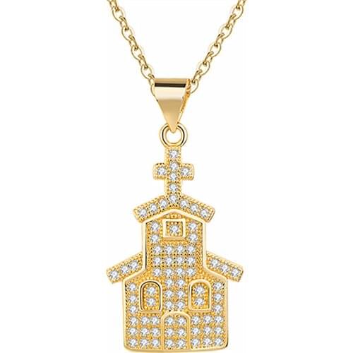 Luxury Crystal Church Gold Pendant Necklace Women Jewelry Trendy Silver Plated Necklaces Male Female Christian Accessories