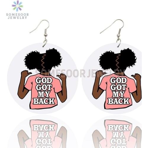 SOMESOOR God Got My Back Afro Curly Wooden Drop Earrings Black Cute Girl Printed Powerful Ear Dangle Jewelry For Women Gifts