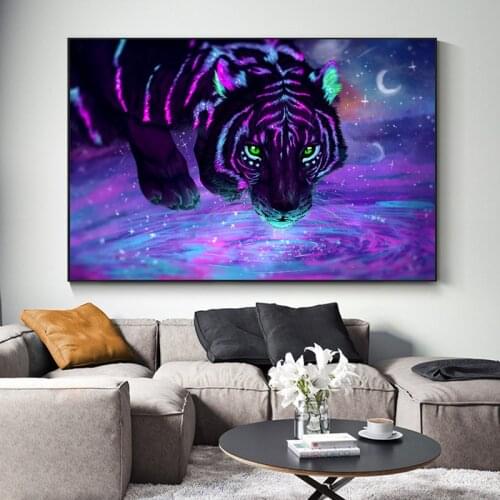 Tiger Purple Digital Art Green Eyes Canvas Painting Modern Animals Wall Art Pictures for Living Room Posters and Prints Decor