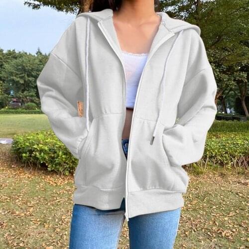 Front Zipper Hoodies Sweater with Pockets Solid Color Fall Casual Loose Outwear Hooded Tops for Women Daily FS99