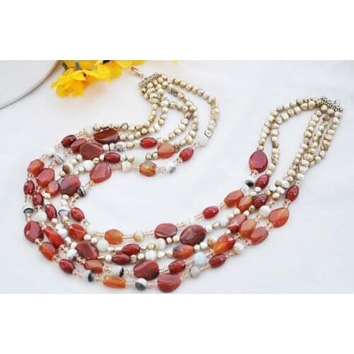 Perfect Handmade Luck Jewellery,5Rows 22inches Gray Baroque Genuine Pearls Red Faceted Aga-te Crystal Beads Necklace