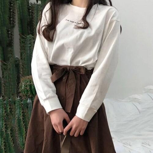 T-shirt Women Long Sleeve Letter All-match Tops White Soft Trendy Womens Leisure Female High Quality Elegant Loose Long Tees