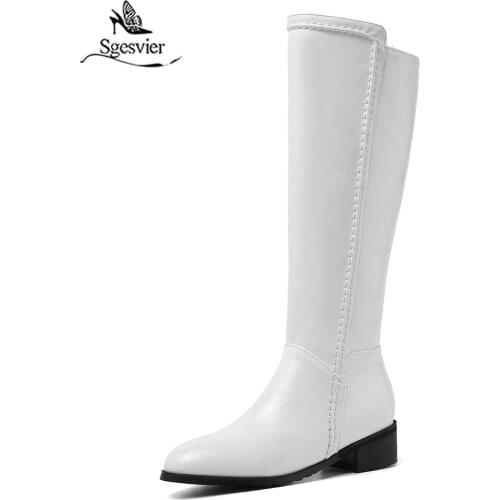 Sgesvier Woman Ladies Autumn Winter Knee High Boots Womens Zippers Black White Wide Calf Tall Long Boots Block Heels Shoes G686