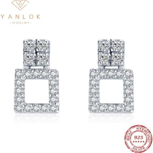 YANLOK Authentic 925 Sterling Silver Geometric Square Radiant Clear CZ Stud Earrings For Women Luxury Silver Jewelry Bijoux