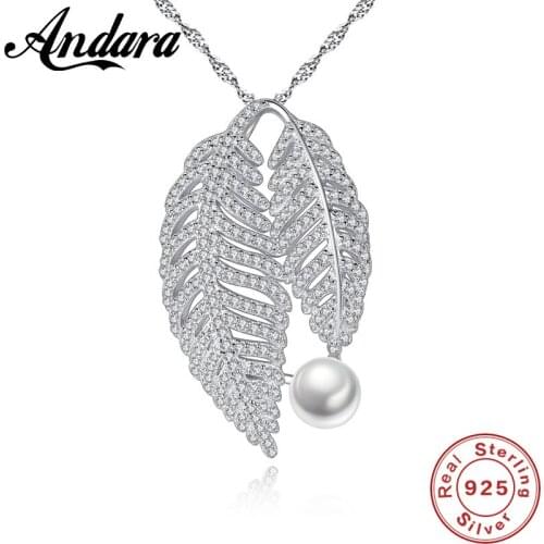 925 Sterling Silver Fashion Leaf Shape Zircon & Freshwater Pearl Necklace Pendant For Women Wedding Accessories