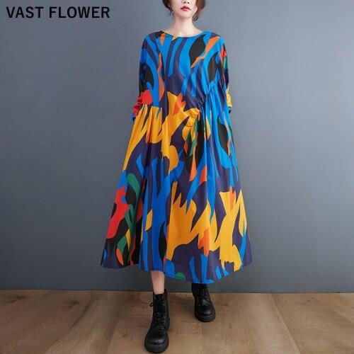 Korean Fashion Print Pattern Dresses For Women New O Neck Long Sleeve Loose Casual Long Dress Elegant Clothes Spring Autumn 2021