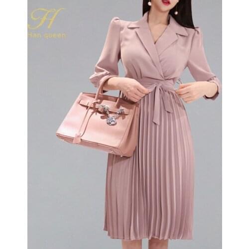 H Han Queen Womens 2019 New Notched Neck Pleated Dress Draped Lace Up Bow A-line Dresses OL Elegant Work Wear Business Vestidos