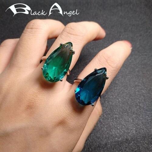 BLACK ANGEL Silver Emerald Ring For Women Plating Platinum Big Water Drop Shaped Blue Crystal Gemstone Fine Jewelry Party Gift