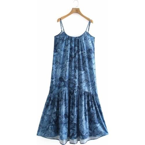 2021 Euro American Summer New Foreign Trade Womens Blue Flower Stitching Printed Suspender Dress DLQZ852