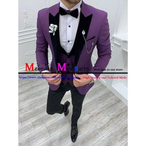 2021 Purple Custom Made Men Suits 3 Pieces Fashion Slim Fit Groomsman Suits Groom Tuxedos Wedding Blazer (Jacket+Pants+Vest)