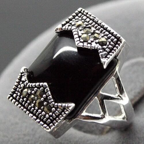 24*13mm Tibetan Silver BELT NATURAL OBLONG BLACK Natural Stone MARCASITE RING SIZE 7/8/9/10