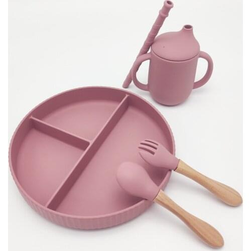 5PCS Set Bpa Free Baby Feeding Tableware Set Dishes Plates Non-Slip Feeding Food Spoon Fork Straw Cup With handle for baby