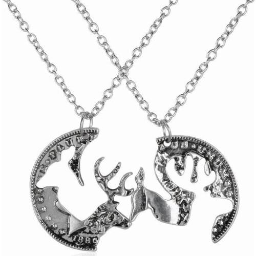 Bespmosp 24PCS/Lot Wholesale Valentines Gift Fashion Interlocking Couples Pendant Coin Puzzle Necklace Retro Deer Vintage Chain