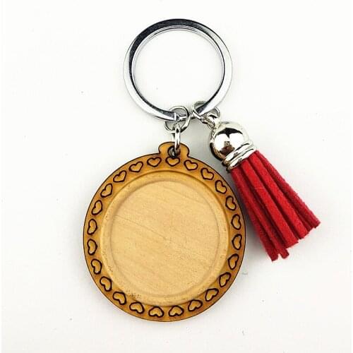 Jiangzimei 24pcs Log love, sunflower cats 25mm Wood Cabochon Stainless Steel Keychain Blank Wooden pendant with tassels