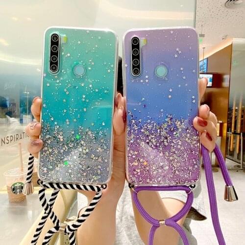 With Neck Strap Rope Cord Clear Glitter Phone Case For Redmi NOTE9 NOTE 8 5 9T PRO S 6A NOTE7 K30 Necklace Lanyard