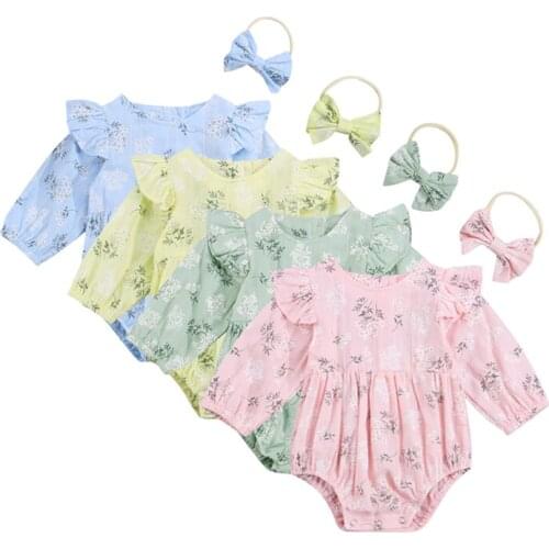 Autumn Baby Bodysuit Long Sleeve Clothes For Girls Ruffle Clothes Newborn Floral Jumpsuit with Headband 2Pcs Toddler Clothing