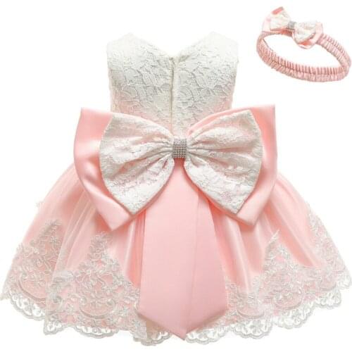 3-24 Months Kids Girls First Birthday Dress Newborn Baby Princess Dress Cute Lace Baby Bow Flower Girl Party Dress with Headwear