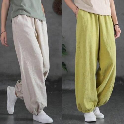 Womens Cotton-Linen Pants Elastic Waist Vintage Trousers Lady Loose Casual Pants Plus Size Retro Literary Cotton Trousers Y290