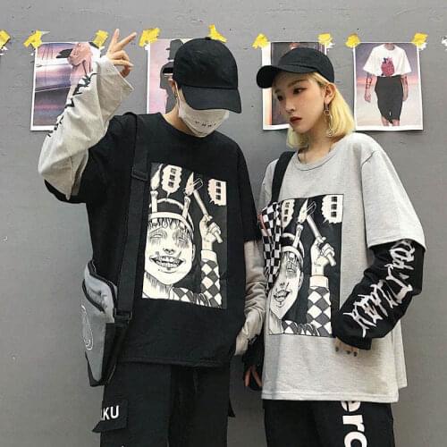 Oversized Tshirt Women Tshirt Men Harajuku Bf Style Street Horror Comics Fake Two Pieces T-shirt Korean Goth Punk Clothes