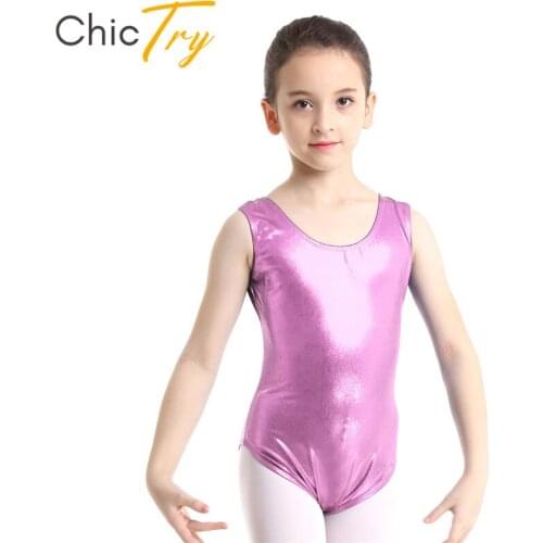 ChicTry Girls Sleeveless Shiny Solid Color Ballet Leotard Children Gymnastics Leotard Sports Bodysuit Kids Stage Dance Costume
