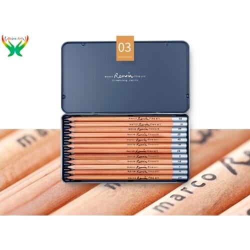 Marco 12Pc/set Renoir series design multi gray hand drawing 2H-8B silver rod sketch pencil student art sketch suit iron box