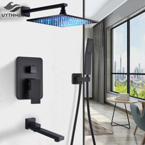 Matte Black Bathroom Showe Faucet Rainfall Shower Head LED Bath Water Faucet Wall Mounted Bathtub Shower Mixer Tap Shower Set