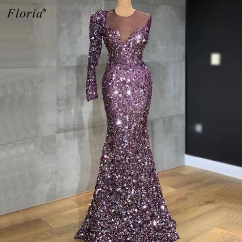 Muslim Purple Sequins Prom Dress 2020 Long One Shoulder Vestidos De Fiesta De Noche Dubai Glitter Evening Gowns Party Abiye