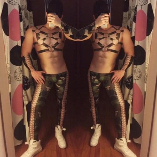 Muscle Male Elastic Leotard Camouflage Printed Skinny Jumpsuit Nightclub Bar Pole Dance Costume DJ Dancer Performance Stage Wear