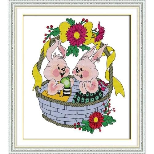 Two little rabbit home decor chinese counted printed canvas cross stitch pattern diy kits DMC14ct 11ct embroidery needlework set