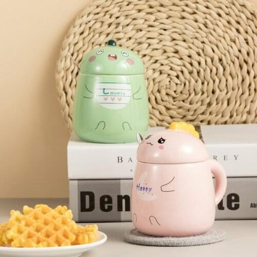 NEW 450ML Cute Girl Cups Creative Dinosaur Mugs Ceramic Cup Couple funny Coffee Cup Tea Cup Set Stainless Steel Spoon with Lid