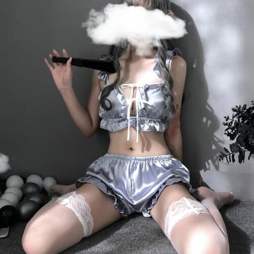 2PCS Japanese Pajamas for Women Cute Sweet Women Sleepwear Lingerie Silk Spaghetti Strap Tops Shorts Underwear Set