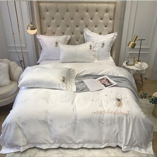Luxury White Satin Silk Cotton Bedding Sets queen size Embroidery Duvet Cover Flat/Fitted Sheet Pillowcases Home Textile