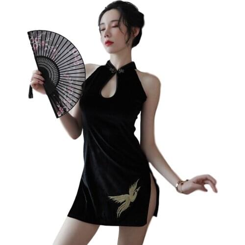Sexy Cheongsam Ladies Gowns Black Embroidery Lingerie Sleep Wear Nightgown Womens Clothing Lingerie Dress Hot Erotic Nighty
